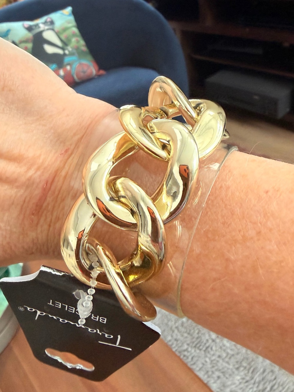 Taramanda Gold Tone Chunky Chain Clear Vinyl Cuff Bracelet NWT